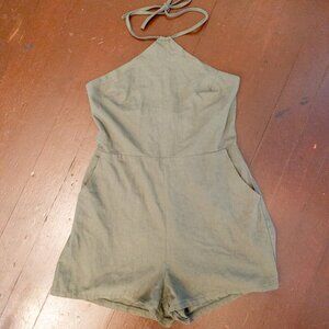 Le Lis Olive Green Halter Romper – Size L Boho Cotton Lined with Pockets